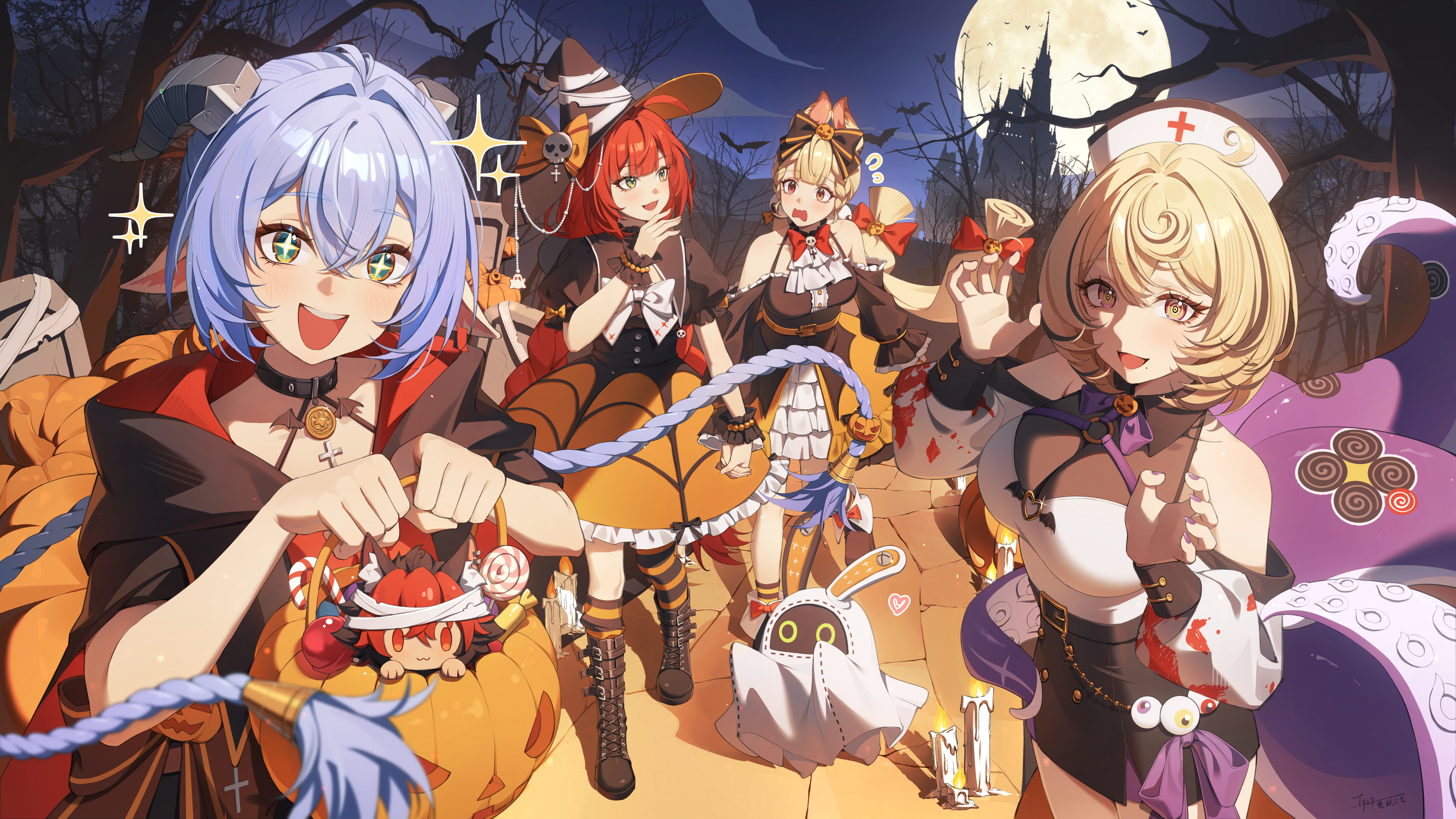 tujiu sama, alice thymefield, bangboo (zenless zone zero), eous (zenless zone zero), komano manato, lucia elowen, ukinami yuzuha, yidhari murphy, zenless zone zero, absurdres, commentary, english commentary, highres, + +, 1other, 4girls, alternate costume, animal ears, ascot, bandages, bare shoulders, bare tree, bat (animal), belt, belted skirt, black boots, black bow, black horns, black shirt, black skirt, blonde hair, blood, blood on clothes, blue hair, blush, boots, bow, braid, breasts, bucket, candle, candy, chest bow, choker, claw pose, cross, cross choker, detached sleeves, eyeball, food, food-themed hair ornament, frilled sleeves, frills, ghost costume, goat ears, goat girl, goat horns, green eyes, hair between eyes, hair bow, hair intakes, hair ornament, halloween, halloween bucket, halloween costume, hat, hat bow, heart, heterochromia, high-waist skirt, holding, holding bucket, holding hands, hood, horns, large breasts, long hair, looking at another, looking at viewer, low twintails, mansion, mole, mole under mouth, moon, multiple girls, neck ribbon, night, night sky, nurse cap, open mouth, orange bow, orange eyes, orange socks, outdoors, pointy ears, pumpkin, pumpkin brooch, pumpkin hair ornament, purple bow, purple eyes, purple ribbon, rabbit girl, red bow, red eyes, red hair, red ribbon, ribbon, ringed eyes, shadow, shirt, short hair, skirt, skull brooch, sky, socks, sparkle, sphere hair ornament, sticker, striped clothes, striped socks, stuffed toy, suction cups, teeth, tentacle girl, tentacle tail, tentacles, tombstone, tree, twin braids, twintails, upper teeth only, white ascot, white shirt, witch hat, wrist cuffs