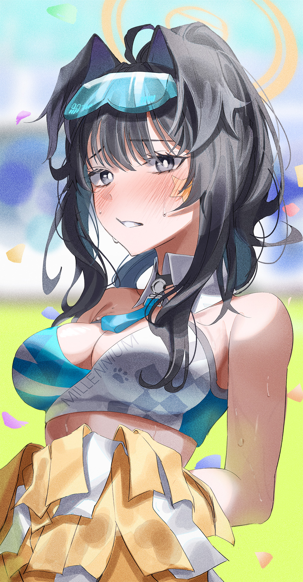 kangshi, hibiki (blue archive), hibiki (cheer squad) (blue archive), blue archive, commentary request, highres, 1girl, animal ears, bare arms, bare shoulders, black hair, blue-tinted eyewear, blush, breasts, cheerleader, cleavage, clenched teeth, dog ears, dog girl, eyewear on head, facial tattoo, halo, holding, holding pom poms, large breasts, looking at viewer, official alternate costume, official alternate hairstyle, pom pom (cheerleading), pom poms, ponytail, solo, sports bra, star (symbol), star tattoo, sunglasses, sweat, tattoo, teeth, tinted eyewear, white sports bra, yellow halo