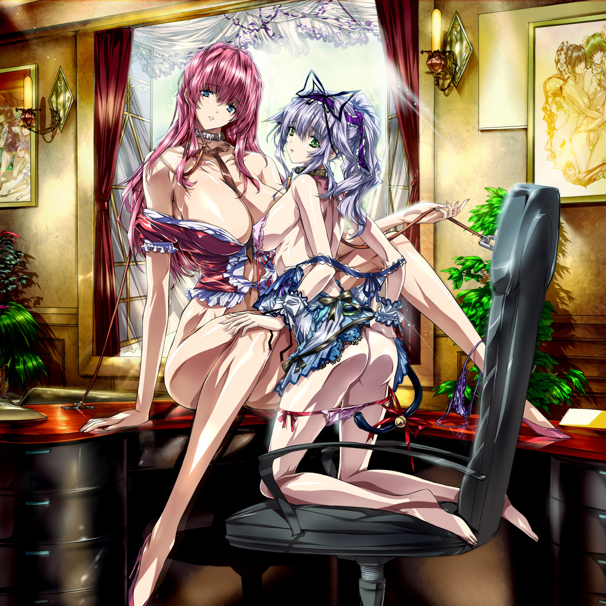 q azieru, original, silver hair, highres, 2girls, arm support, armchair, ass, back, barefoot, bdsm, bell, blue eyes, blue hair, bondage, bound, breasts, chair, collar, desk, frills, green eyes, hair ribbon, high heels, huge breasts, leash, long hair, looking at viewer, looking back, multiple girls, off shoulder, panties, panties around leg, panty pull, pink hair, ponytail, purple hair, ribbon, shoes, side-tie panties, sideboob, slave, teacher, thong, underwear, wrist cuffs, yuri