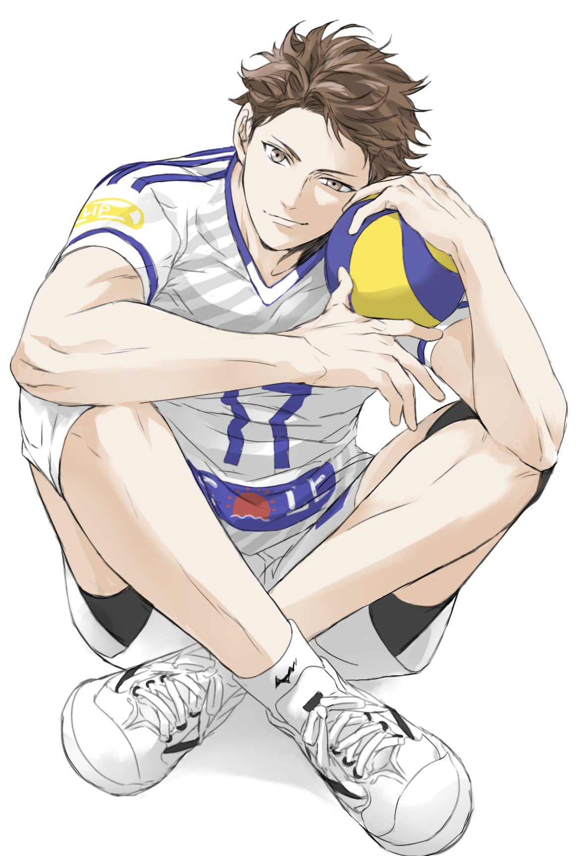 oikawa tooru (haikyuu!!), haikyuu!!, commentary request, highres, 1boy, aged up, ball, brown eyes, brown hair, closed mouth, full body, holding, holding ball, knee pads, looking at viewer, male focus, sac hi9, shoes, short hair, shorts, socks, solo, sportswear, volleyball (object), volleyball uniform, white shoes, white shorts, white socks