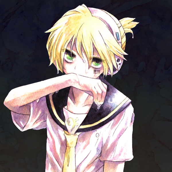 a-gatha, kagamine len, kagamine len (strange dark), paradichlorobenzene (vocaloid), vocaloid, bad id, bad pixiv id, 1boy, barcode, blonde hair, green eyes, headphones, male focus, necktie, short hair, simple background, solo, water, yellow necktie