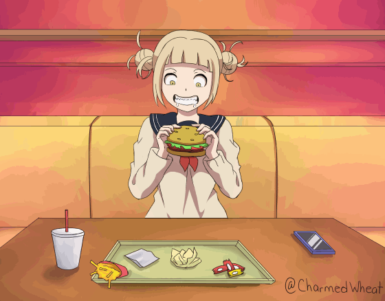 charmedwheat, toga himiko, boku no hero academia, animated, animated gif, blonde hair, burger, cellphone, drink, food, french fries, ketchup, lettuce, mustard, napkin, necktie, phone, school uniform, shocked pupils, surprised, tomato, yellow eyes