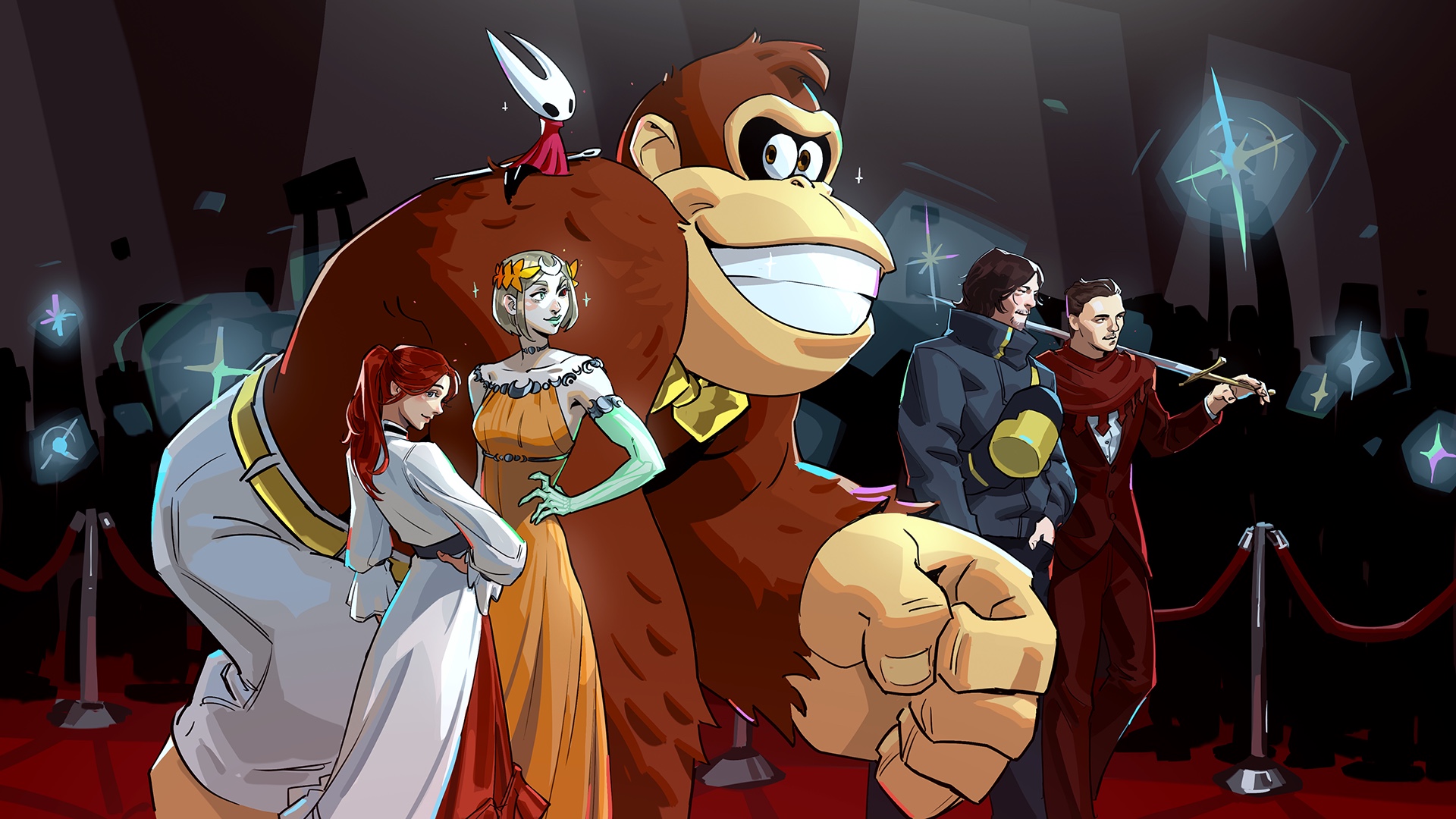 donkey kong, henry of skalitz, hornet (hollow knight), maelle (clair obscur: expedition 33), melinoe (hades), sam porter bridges, clair obscur: expedition 33, death stranding 2: on the beach, donkey kong (series), donkey kong bananza, hades (series), hades 2, hollow knight, hollow knight: silksong, kingdom come: deliverance ii, nintendo, supergiant games, the game awards, artist request, commentary, english commentary, highres, official art, 2boys, 2girls, 3boys, 3girls, arm at side, black sclera, bow, bowtie, brown eyes, brown hair, camera flash, cloak, closed mouth, colored extremities, colored sclera, crossover, crowd, dress, facial hair, feet out of frame, formal clothes, green arm, green eyes, green lips, grin, hand in pocket, hand on own hip, height difference, holding, holding sword, holding weapon, hollow eyes, horned mask, jacket, long hair, long sleeves, looking at another, looking at viewer, mask, multiple boys, multiple crossover, multiple girls, needle (hollow knight), orange dress, over shoulder, pants, parted lips, pocket, ponytail, red carpet, red cloak, red eyes, shirt, short hair, sideways glance, size difference, skirt, sleeveless, sleeveless dress, smile, standing, sword, sword over shoulder, walking, weapon, weapon over shoulder, white mask, yellow bow, yellow bowtie
