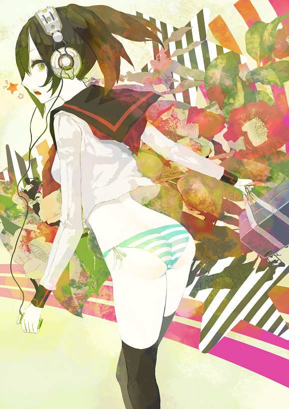 kunimura hakushi, original, bad id, bad pixiv id, 1girl, ass, bag, black hair, cable, female focus, green eyes, headphones, ipod, ipod nano, ipod nano 4g, looking back, mp3 player, no pants, panties, school uniform, serafuku, solo, striped clothes, striped panties, thighhighs, twintails, underwear