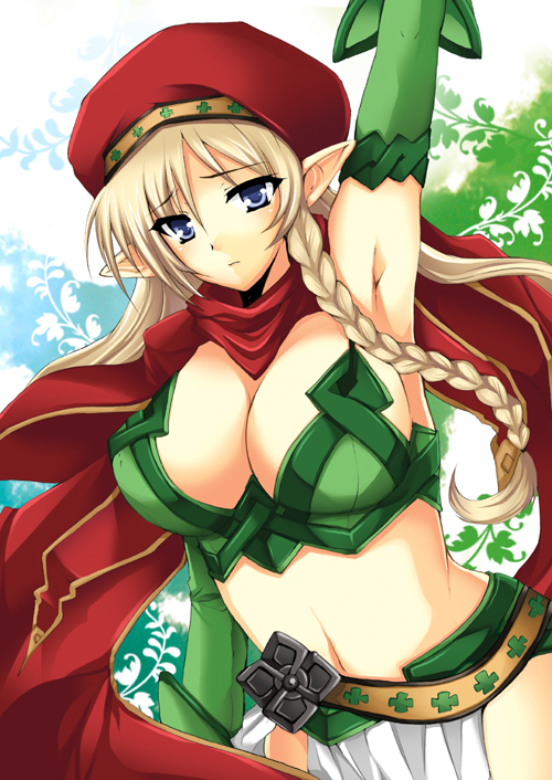 tokonaru, alleyne (queen's blade), fighting master alleyne, queen's blade, bad id, bad pixiv id, 00s, 1girl, armpits, beret, blonde hair, blue eyes, braid, breasts, cleavage, elf, female focus, hat, navel, pointy ears, side braid, solo