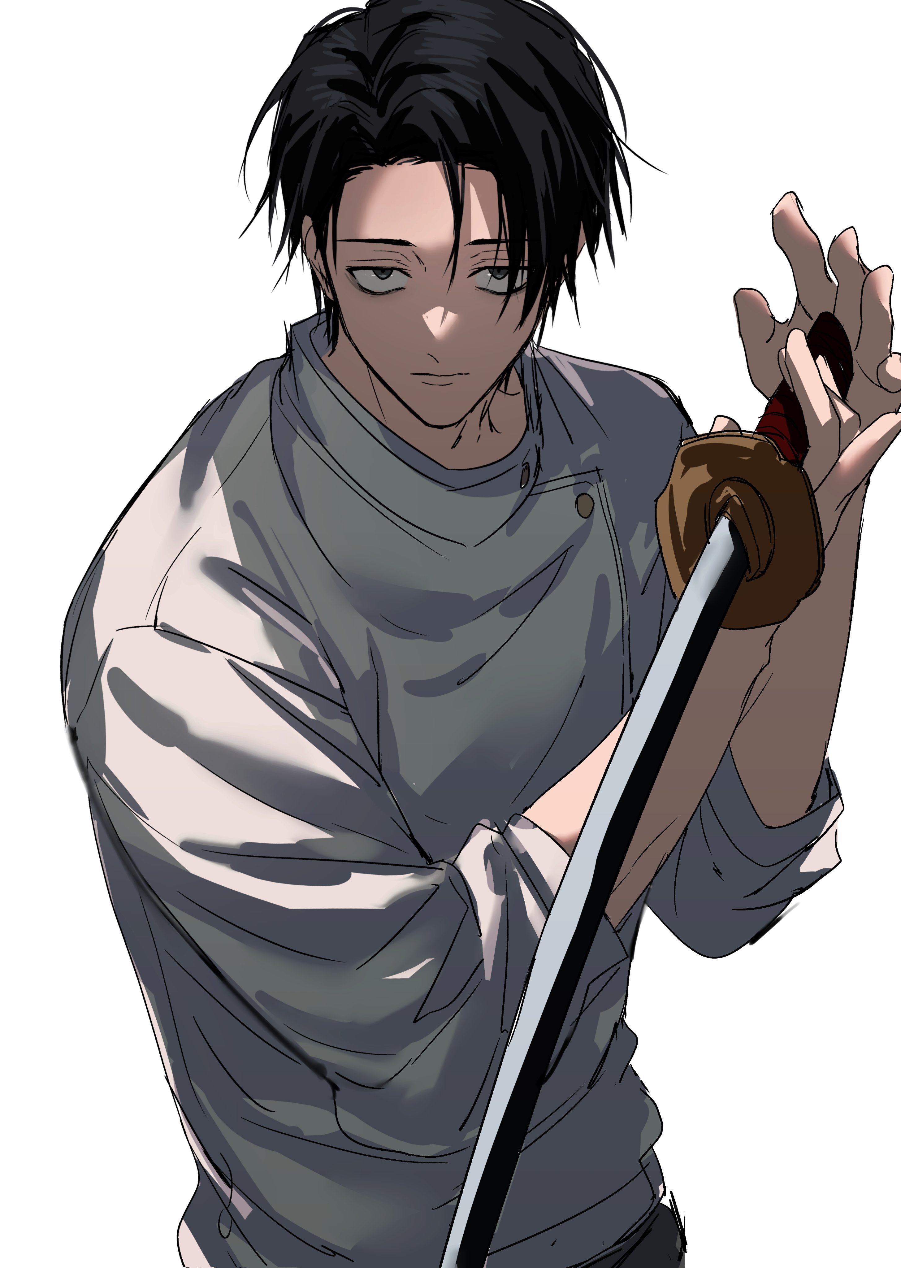 okkotsu yuuta, jujutsu kaisen, absurdres, highres, 1boy, black eyes, black hair, black pants, buttons, closed mouth, gold buttons, hands up, holding, holding sword, holding weapon, katana, looking at viewer, male focus, pants, shirt, short hair, simple background, solo, sword, upper body, urara0408, weapon, white background, white shirt