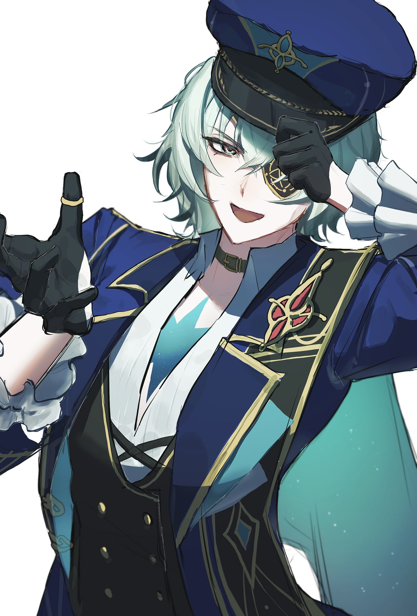 anaxa (honkai: star rail), honkai: star rail, honkai (series), highres, 1boy, alternate costume, aqua hair, belt collar, black gloves, black vest, blue eyes, blue hat, blue jacket, collar, collared shirt, eyepatch, gloves, hair between eyes, hat, jacket, looking at viewer, male focus, one eye covered, open clothes, open jacket, open mouth, pichisabu3, shirt, simple background, smile, solo, upper body, vest, white background, white shirt
