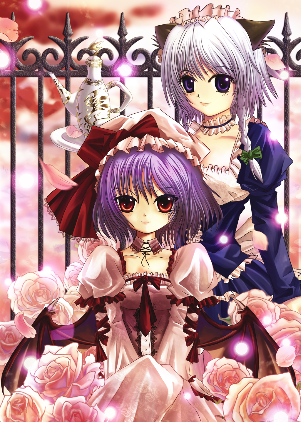 juuni chacha, jyunichacha, izayoi sakuya, remilia scarlet, touhou, silver hair, highres, 2girls, animal ears, bat wings, blue eyes, braid, cat ears, cat girl, female focus, hairband, hat, maid, multiple girls, nature, outdoors, plant, purple hair, red eyes, short hair, skirt, sky, twin braids, wings