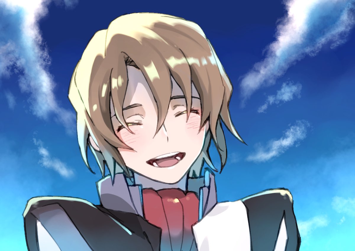 michi naka, kurusu misao, soukyuu no fafner, commentary, 1boy, alvis uniform, ascot, blue sky, brown hair, closed eyes, cloud, facing viewer, hair between eyes, happy, male focus, open mouth, red ascot, short hair, sky, smile, solo, upper body