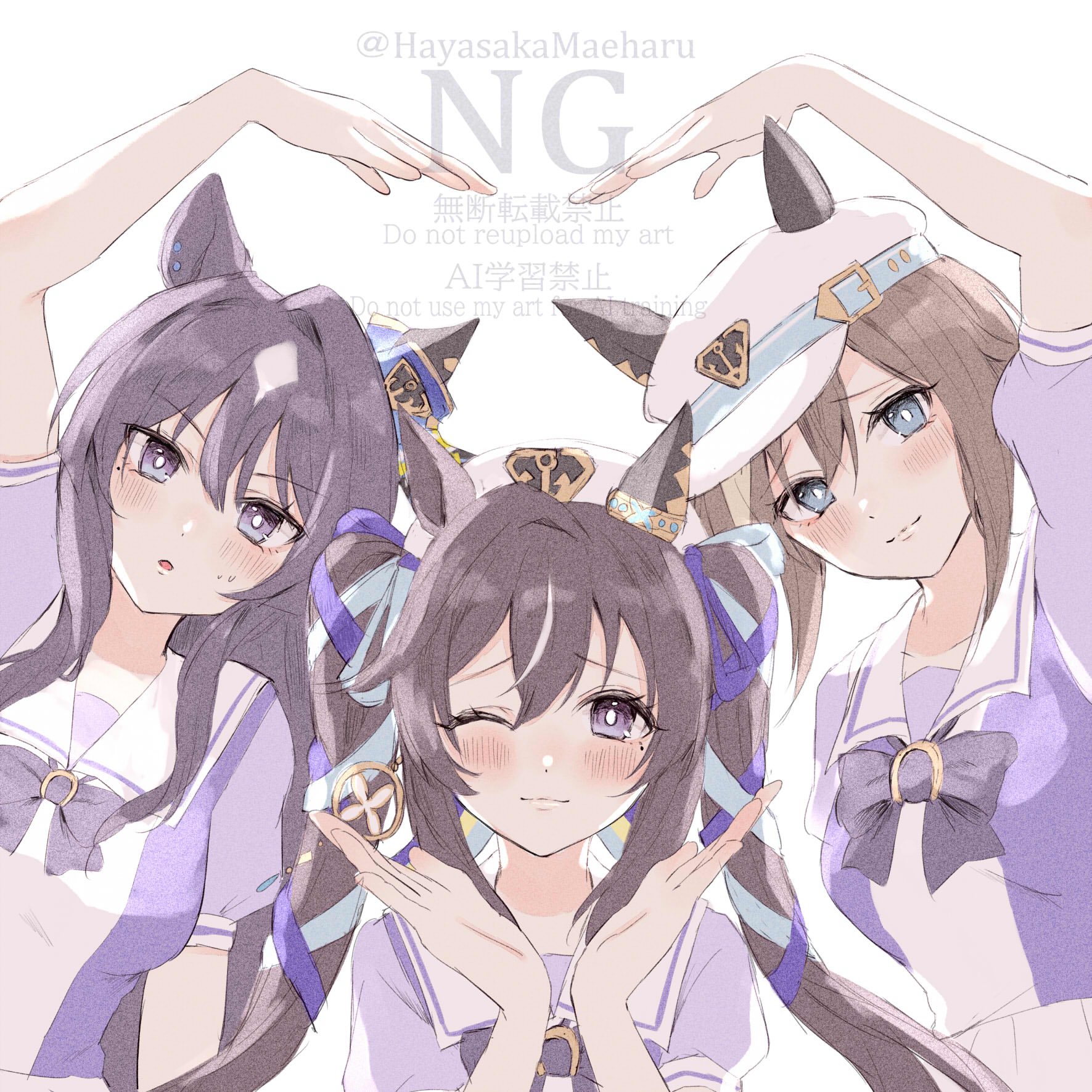 hanasaka (9769z), cheval grand (umamusume), verxina (umamusume), vivlos (umamusume), umamusume, highres, 3girls, :3, animal ears, beret, blue eyes, blue hair, blue ribbon, blush, bow, bowtie, breasts, brown hair, ear covers, ears through headwear, hair between eyes, hair ornament, hair ribbon, hat, hat belt, heart arms, horse ears, horse girl, long hair, looking at viewer, medium breasts, mole, mole under eye, multicolored hair, multiple girls, one eye closed, parted lips, peaked cap, puffy short sleeves, puffy sleeves, purple bow, purple bowtie, purple eyes, purple shirt, ribbon, sailor collar, sailor shirt, school uniform, shirt, short sleeves, siblings, simple background, single ear cover, sisters, skirt, smile, streaked hair, tracen school uniform, twintails, v sisters, white background, white hair, white hat, white skirt