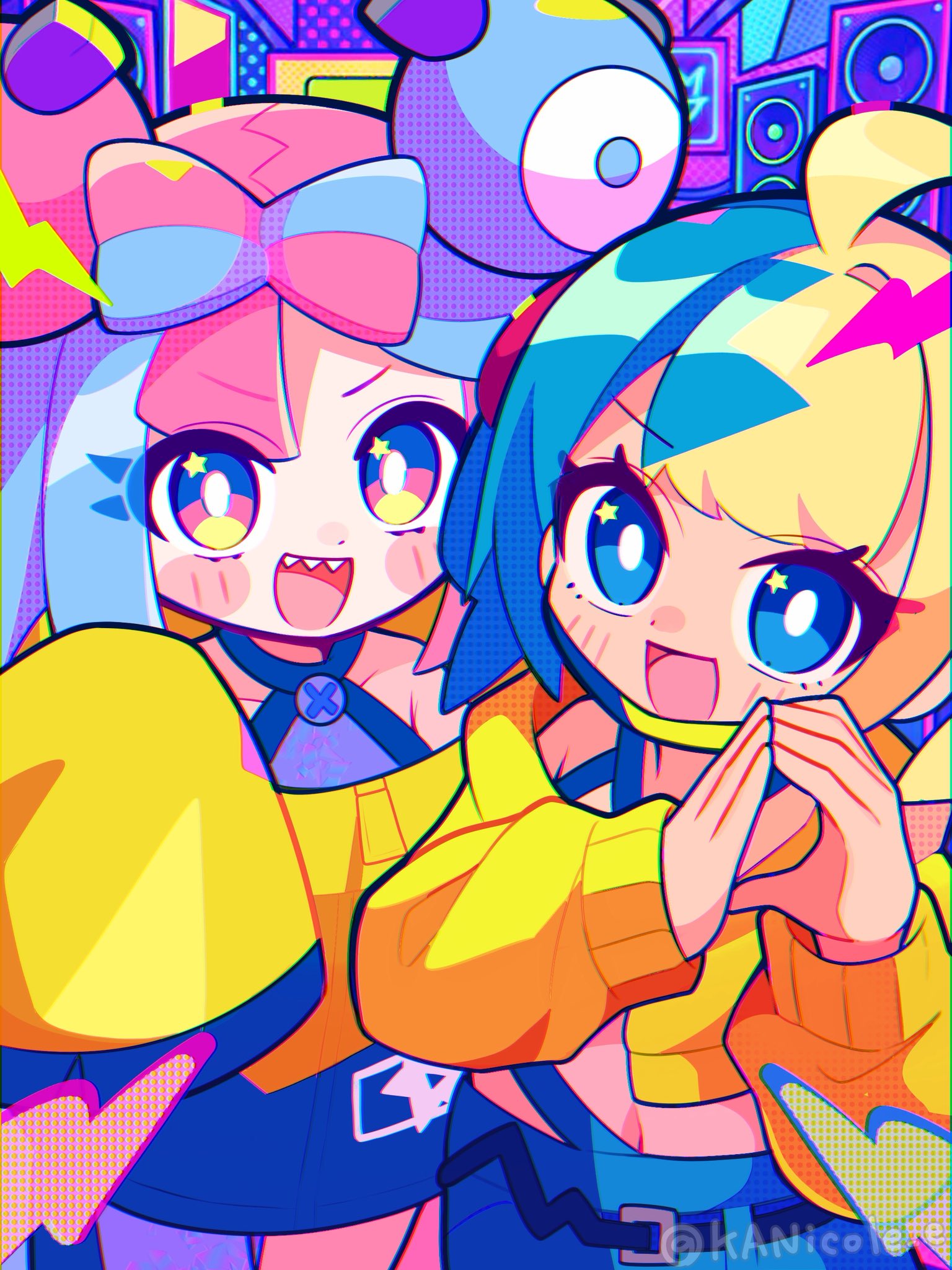 nikoru, canari (pokemon), iono (pokemon), nintendo, pokemon, pokemon legends: z-a, pokemon sv, highres, 2girls, aqua hair, bandeau, black mask, blonde hair, blue hair, blush, bow-shaped hair, breasts, character hair ornament, collarbone, criss-cross halter, criss-cross straps, dark skin, fake hair bun, grey pantyhose, hair ornament, halter shirt, halterneck, jacket, long hair, long sleeves, looking at viewer, mask, mask pull, mouth mask, multicolored hair, multiple girls, navel, open mouth, oversized clothes, pants, pantyhose, pink hair, sharp teeth, shirt, short twintails, single leg pantyhose, sleeves past fingers, sleeves past wrists, smile, split-color hair, sports bra, star (symbol), star in eye, stereo, symbol in eye, teeth, twintails, two-tone hair, two-tone mask, two-tone pants, yellow bandeau, yellow jacket, yellow mask, yellow sports bra