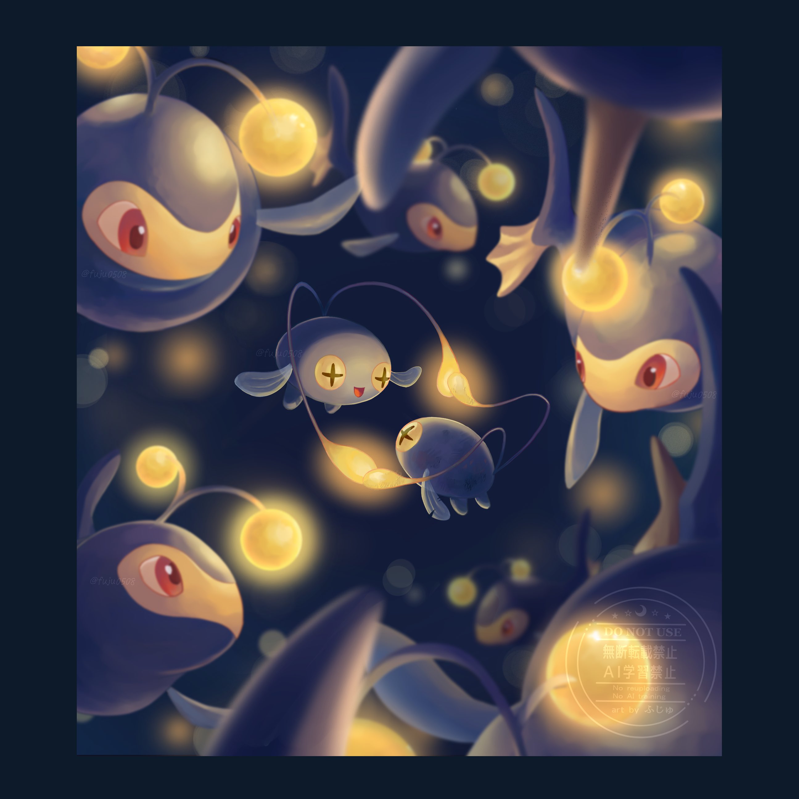 fuju1012, chinchou, lanturn, nintendo, pokemon, absurdres, highres, animal focus, antennae, colored sclera, cross-shaped pupils, evolutionary line, fish, gen 2 pokemon, no humans, open mouth, pokemon (creature), pokemon focus, smile, symbol-shaped pupils, underwater, yellow sclera