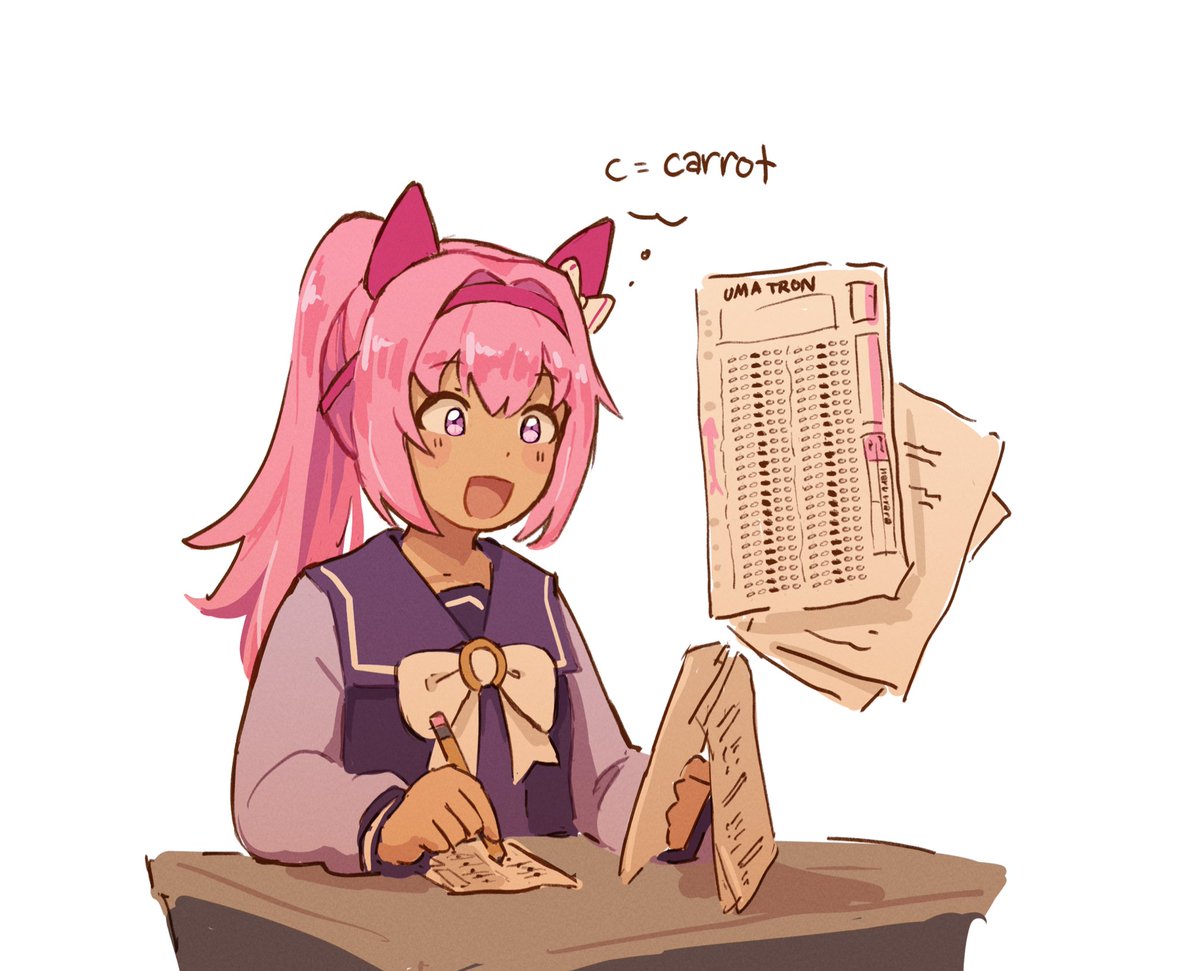 nonnormalguy, haru urara (umamusume), umamusume, 1girl, academic test, animal ears, blush, bow, bowtie, buruma, desk, ear bow, ear covers, flower-shaped pupils, flower in eye, hairband, headband, holding, holding pencil, horse ears, horse girl, long hair, long sleeves, open mouth, pencil, pink buruma, pink eyes, pink hair, pink headband, ponytail, purple sailor collar, purple serafuku, purple shirt, red headband, sailor collar, sailor shirt, school desk, school uniform, serafuku, shirt, smile, solo, speech bubble, symbol-shaped pupils, symbol in eye, thought bubble, tracen school uniform, white bow, white bowtie, writing