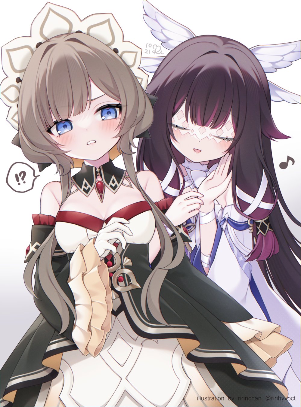 columbina (genshin impact), sandrone (genshin impact), genshin impact, commentary request, highres, !?, 2girls, bare shoulders, blue eyes, breasts, brown hair, closed eyes, detached sleeves, dress, eye mask, gloves, head wings, headdress, locked arms, long hair, long sleeves, mask, multiple girls, musical note, open mouth, purple hair, ririhyvpct, simple background, smile, spoken interrobang, white background, white dress, white gloves, white wings, wide sleeves, wings
