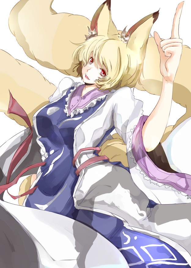 homura bi, yakumo ran, touhou, bad id, bad pixiv id, 1girl, animal ears, blonde hair, breasts, female focus, fox ears, short hair, simple background, solo, white background