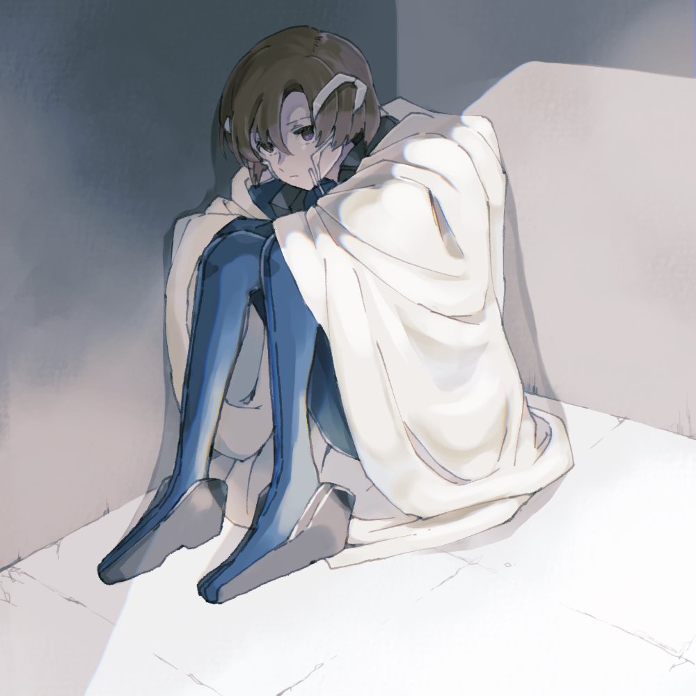 michi naka, toomi maya, soukyuu no fafner, 1girl, blanket, blue bodysuit, bodysuit, brown hair, empty eyes, expressionless, mecha pilot suit, parted bangs, short hair, sitting, solo, synergetic suit