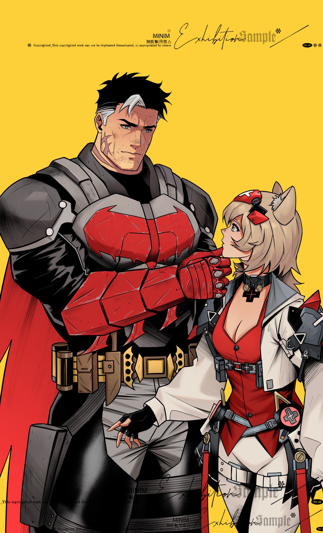 jason todd, red hood (dc), batman (series), dc comics, original, highres, 1boy, 1girl, aged up, animal ears, bat signal, batman symbol, belt, black bodysuit, black hair, blue eyes, bodysuit, cat ears, cat tail, gloves, grey bodysuit, kemonomimi mode, male focus, multicolored bodysuit, muscular, muscular male, oc x canon, pants, rfnyn17381, sample watermark, short hair, superhero costume, tail, taut bodysuit, two-tone bodysuit, utility belt, watermark