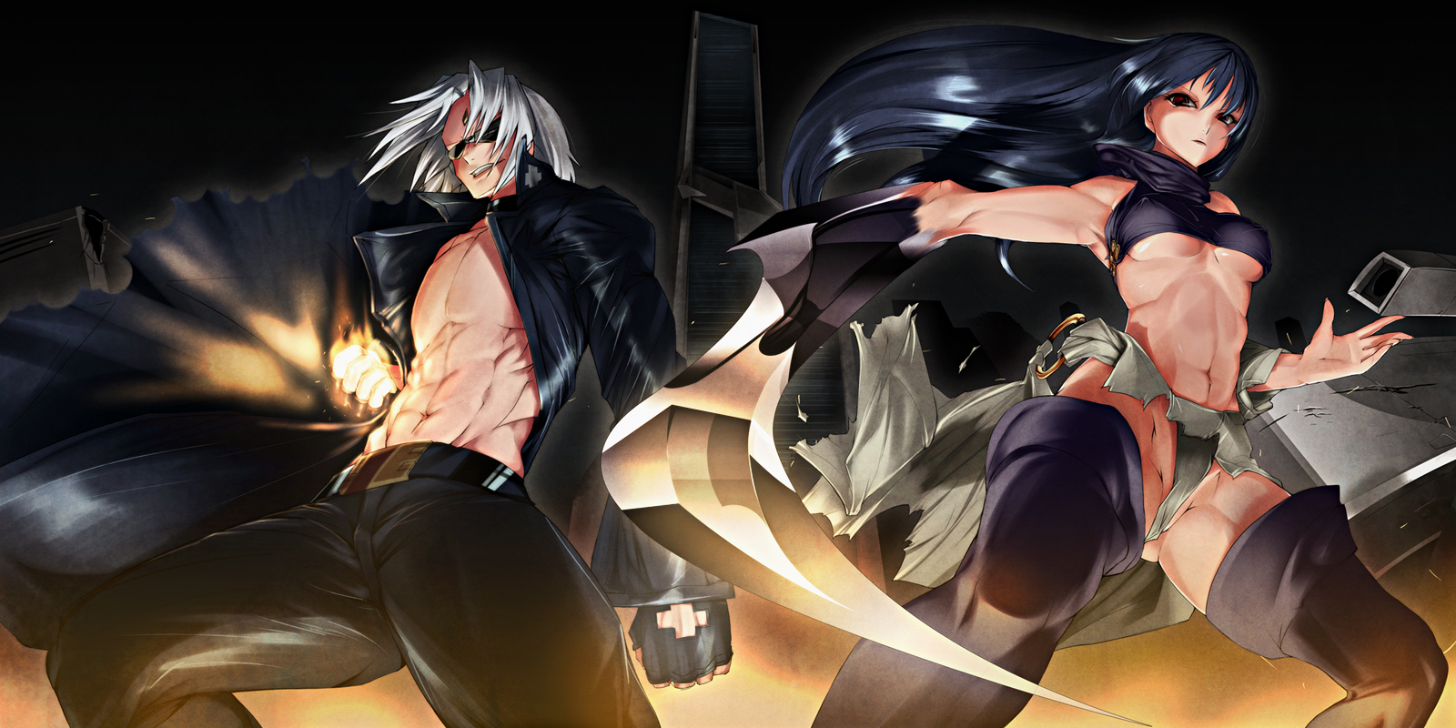 bowalia, adam blade, eve neuschwanstein, needless, highres, 1boy, 1girl, abs, fundoshi, glasses, long hair, muscular, red eyes, sunglasses, thick thighs, thighs, white hair