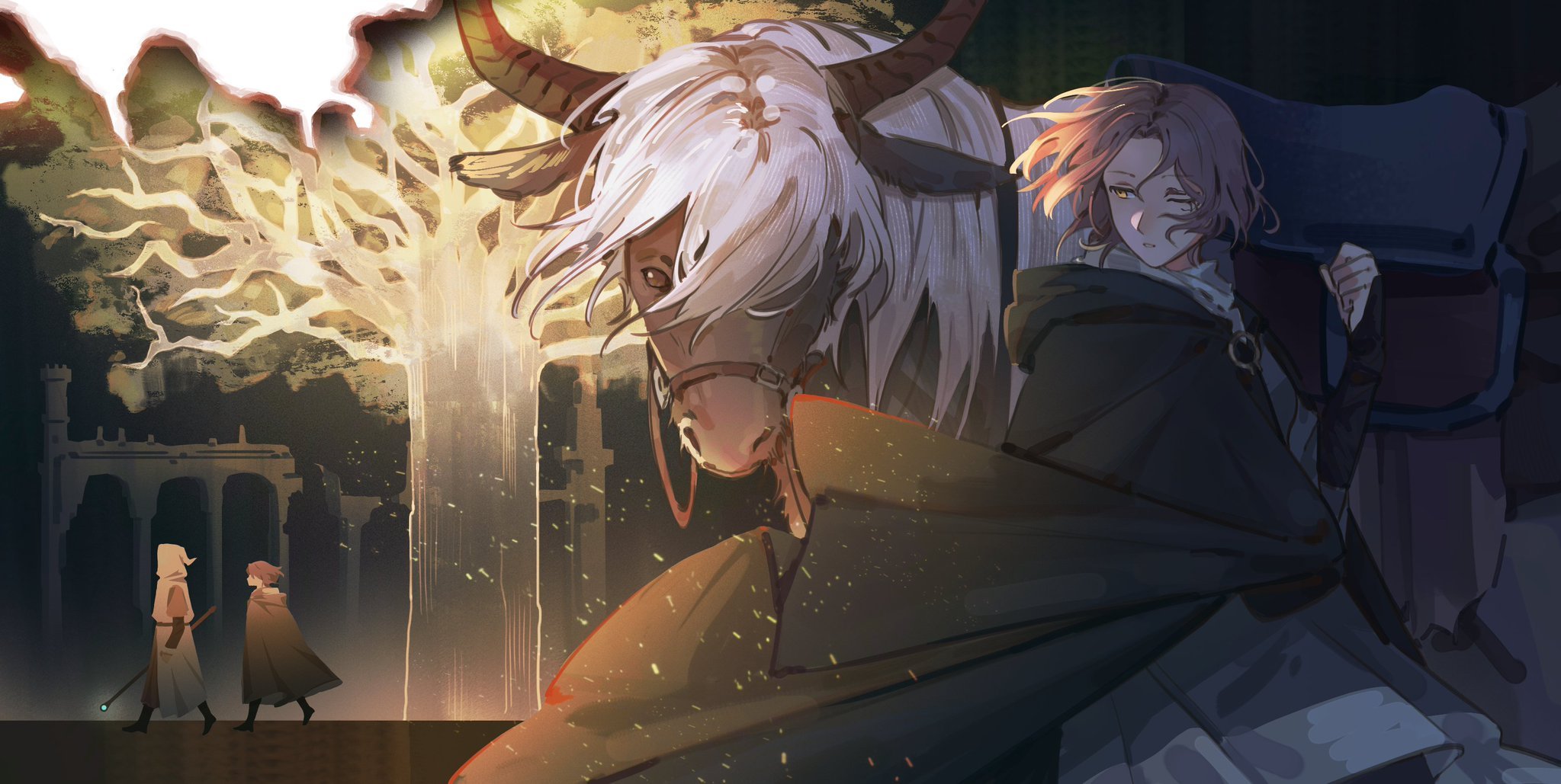 greiilock, astrologer (elden ring), melina (elden ring), tarnished (elden ring), torrent (elden ring), elden ring, highres, 1girl, 1other, animal, brown hair, cape, erdtree (elden ring), facial tattoo, floating hair, green cape, holding, holding staff, hood, hood down, hood up, hooded cape, horns, horse, one eye closed, staff, tattoo, yellow eyes