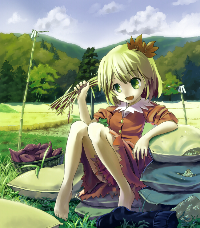 hidebo, aki shizuha, touhou, bad id, bad pixiv id, 1girl, barefoot, blonde hair, feet, female focus, frog, hair ornament, leaf, leaf hair ornament, potato, short hair, solo, yellow eyes