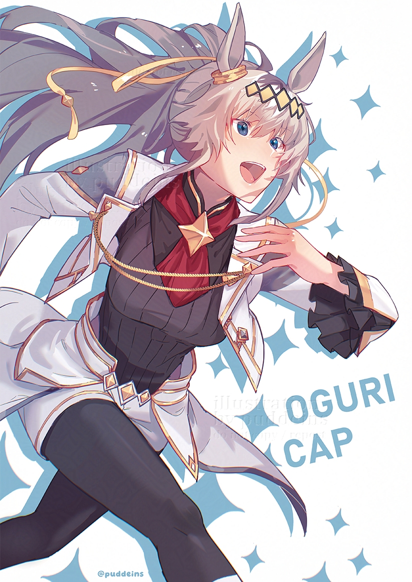 puddeins, oguri cap (umamusume), umamusume, umamusume: cinderella gray, 1girl, ahoge, animal ears, black shirt, blue eyes, breasts, brooch, cropped jacket, ear ornament, grey hair, grey leotard, hair between eyes, hair ornament, hair ribbon, horse ears, horse girl, horse tail, jacket, jewelry, leotard, long hair, long sleeves, medium breasts, neckerchief, official alternate costume, oguri cap (cinderella gray) (umamusume), open mouth, overskirt, ponytail, red neckerchief, ribbon, running, shirt, shorts, smile, solo, star brooch, tail, teeth, upper teeth only, white jacket, white shorts
