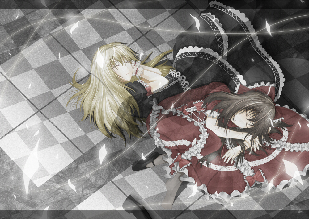 shiroino (shirayuki mutsuki), hakurei reimu, kirisame marisa, touhou, 2girls, alternate costume, bad anatomy, bad proportions, blonde hair, bow, brown hair, closed eyes, female focus, lying, multiple girls, on side, poorly drawn, shoes, single shoe, sleeping