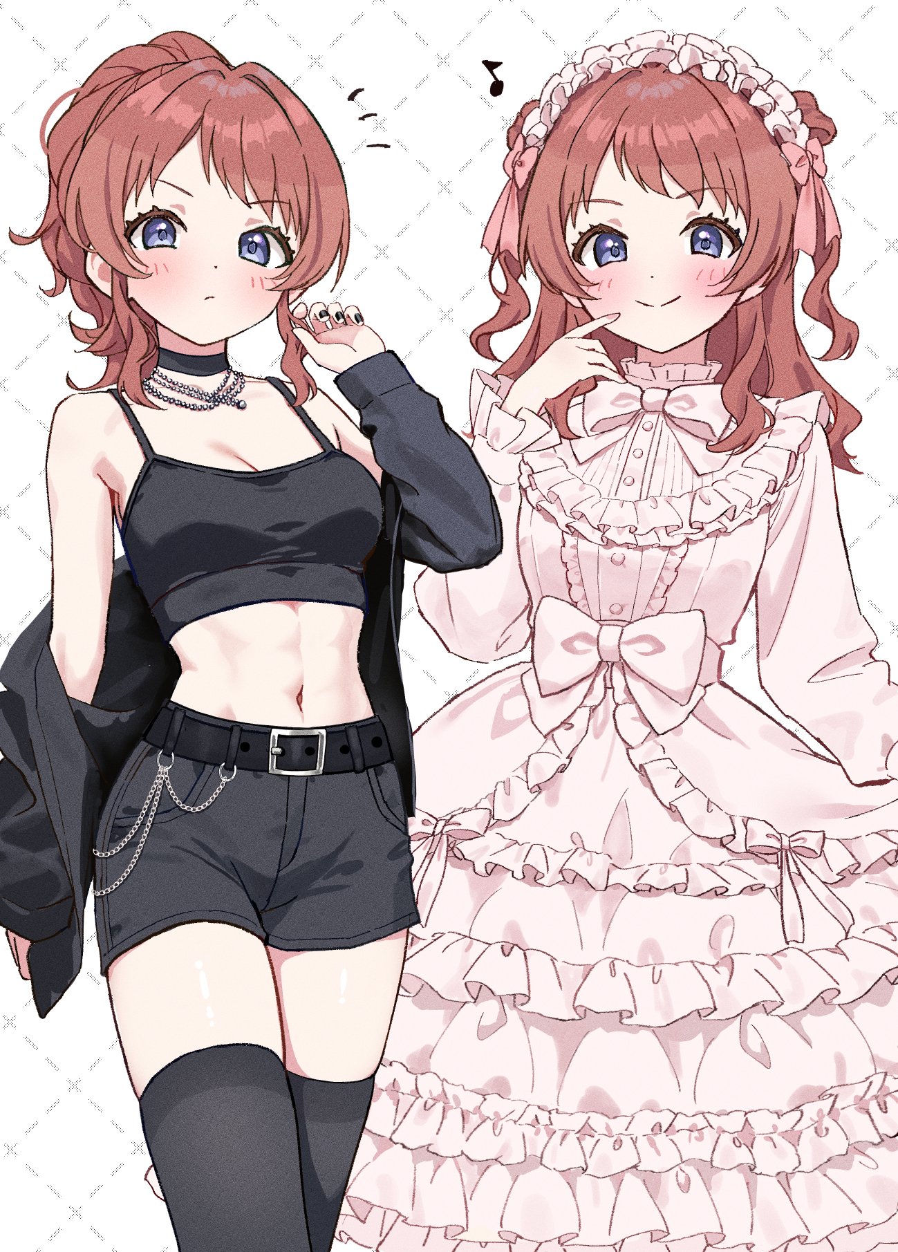 hoshinopurin, hanami saki, gakuen idolmaster, idolmaster, commentary request, highres, 1girl, belt, belt buckle, black belt, black camisole, black choker, black hair, black nails, black shorts, black thighhighs, blue eyes, blush, bow, breasts, brown hair, buckle, camisole, choker, cleavage, closed mouth, crop top, dot nose, dress, fingernails, frilled dress, frills, grid background, hair bow, hand up, headdress, jacket, jacket partially removed, jewelry, linea alba, long sleeves, looking at viewer, medium breasts, medium hair, midriff, multiple views, nail polish, navel, necklace, pink bow, pink dress, pink headdress, ponytail, shorts, smile, spaghetti strap, split mouth, thighhighs, two side up, v-shaped eyebrows, white background