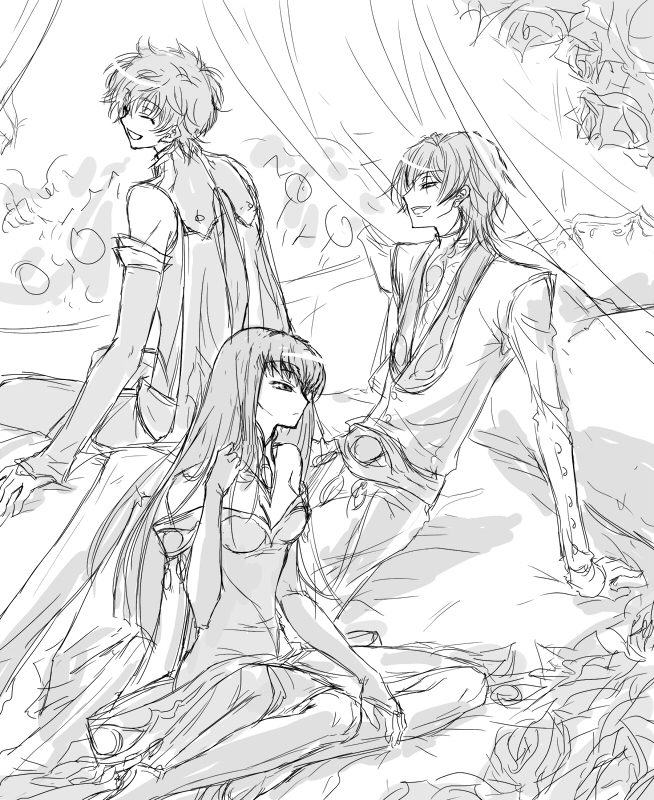 touya (artist), touya (roukaku), c.c., kururugi suzaku, lelouch vi britannia, code geass, 00s, 1girl, 2boys, bed, bed sheet, cape, curtains, dress, greyscale, lineart, long dress, long hair, monochrome, multiple boys, on bed, sitting, sketch, very long hair