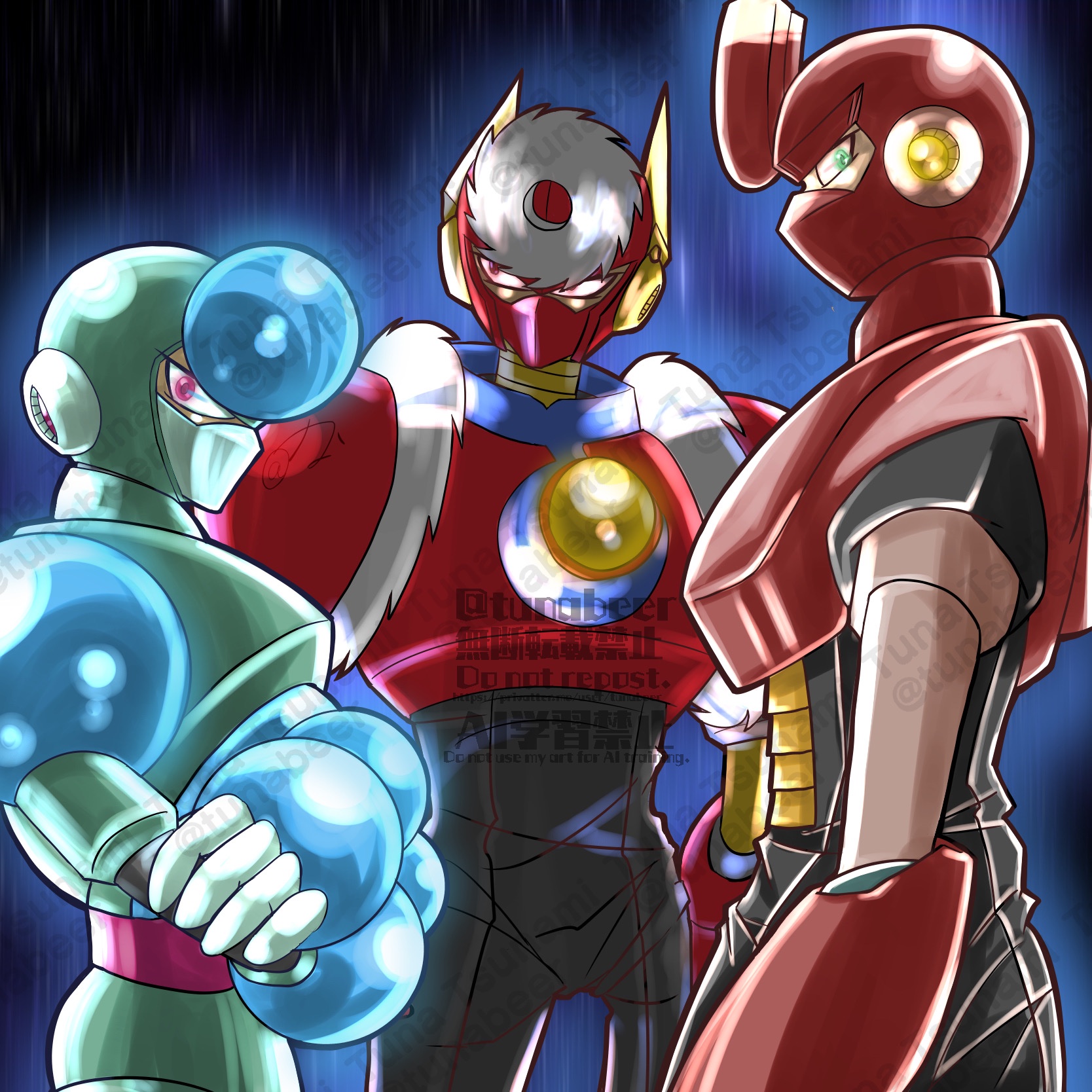crystal man, magnet man, metal man, mega man (classic), mega man (series), highres, 3boys, armor, character name, cowboy shot, green eyes, group picture, helmet, male focus, multiple boys, red armor, red helmet, tunabeer