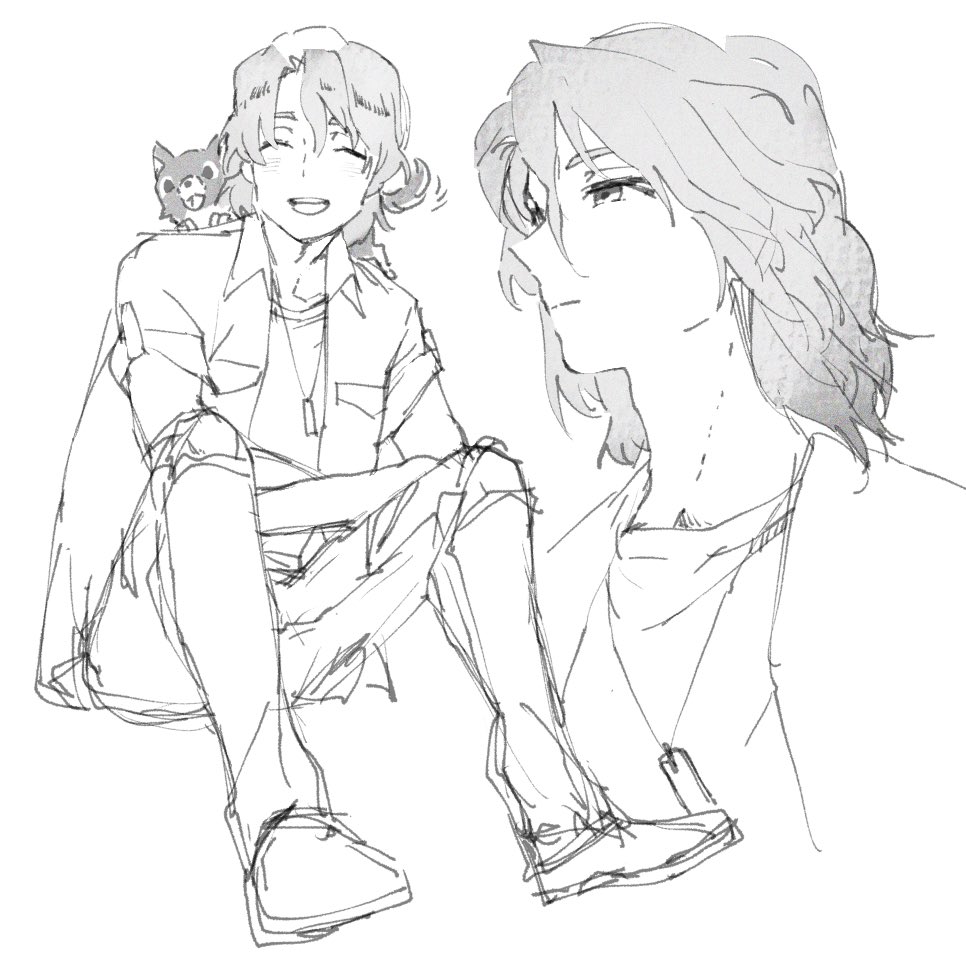 michi naka, chocolat (fafner), kasugai koyo, soukyuu no fafner, 1boy, animal, animal on shoulder, collared shirt, dog, greyscale, jewelry, male focus, monochrome, multiple views, necklace, pants, shirt, short hair, simple background, sketch, smile, undershirt, white background