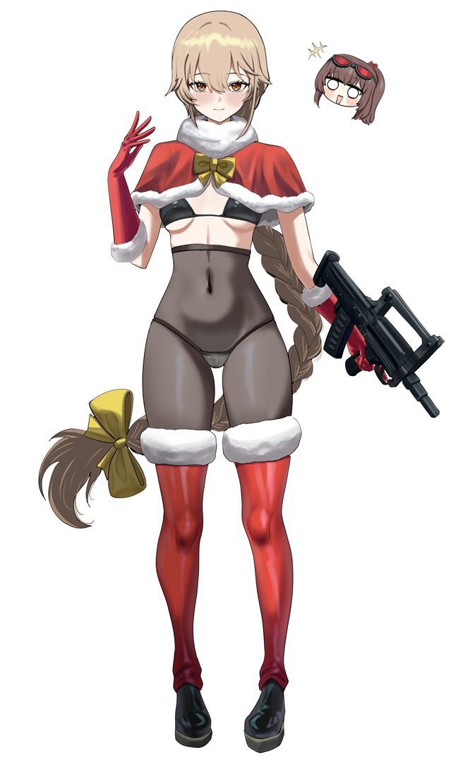gudakoguda, groza (girls' frontline 2), mayling shen (girls' frontline 2), ots-14 (girls' frontline), girls' frontline, girls' frontline 2: exilium, commentary, english commentary, 2girls, alternate costume, assault rifle, bikini, black bikini, black pantyhose, black shoes, blank eyes, blonde hair, blush, blush stickers, bow, bowtie, braid, breasts, breasts apart, bullpup, capelet, closed mouth, covered navel, disembodied head, full body, fur-trimmed capelet, fur-trimmed gloves, fur trim, gloves, gun, hair bow, holding, holding gun, holding weapon, long hair, medium breasts, multiple girls, open mouth, orange eyes, ots-14 groza, pantyhose, red capelet, red gloves, rifle, shoes, simple background, smile, standing, swimsuit, trigger discipline, weapon, white background, yellow bow, yellow bowtie