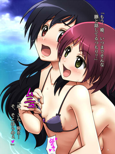 awa, kuroyukihime, wakamiya megumi, accel world, commentary request, 2girls, bikini, black hair, blush, breasts, brown eyes, cloud, long hair, medium breasts, multiple girls, open mouth, red hair, short hair, small breasts, smile, swimsuit, water