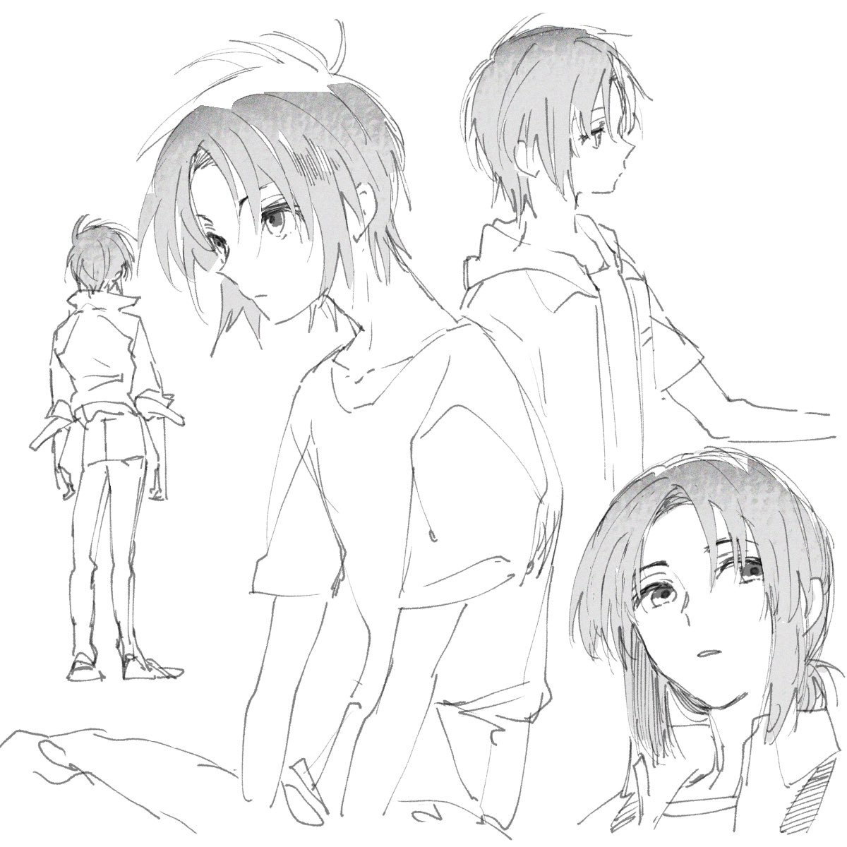 michi naka, makabe kazuki, soukyuu no fafner, highres, 1boy, apron, collared shirt, expressionless, greyscale, jacket, looking at viewer, low ponytail, male focus, medium hair, monochrome, multiple views, pants, ponytail, shirt, short hair, short sleeves, simple background, sketch, white background