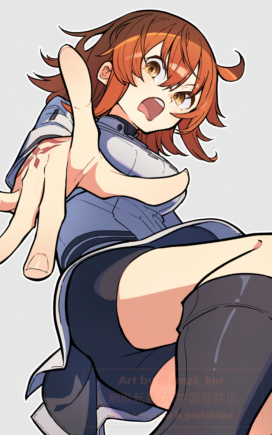 age nasuo, fujimaru ritsuka (female), fujimaru ritsuka (female) (decisive battle chaldea uniform), fate/grand order, fate (series), highres, 1girl, ahoge, artist name, bike shorts, bike shorts under skirt, boots, breasts, command spell, fingernails, from below, grey background, knee boots, large breasts, looking at viewer, medium breasts, open mouth, orange eyes, orange hair, outline, outstretched arm, simple background, solo, spread fingers, tongue, white outline
