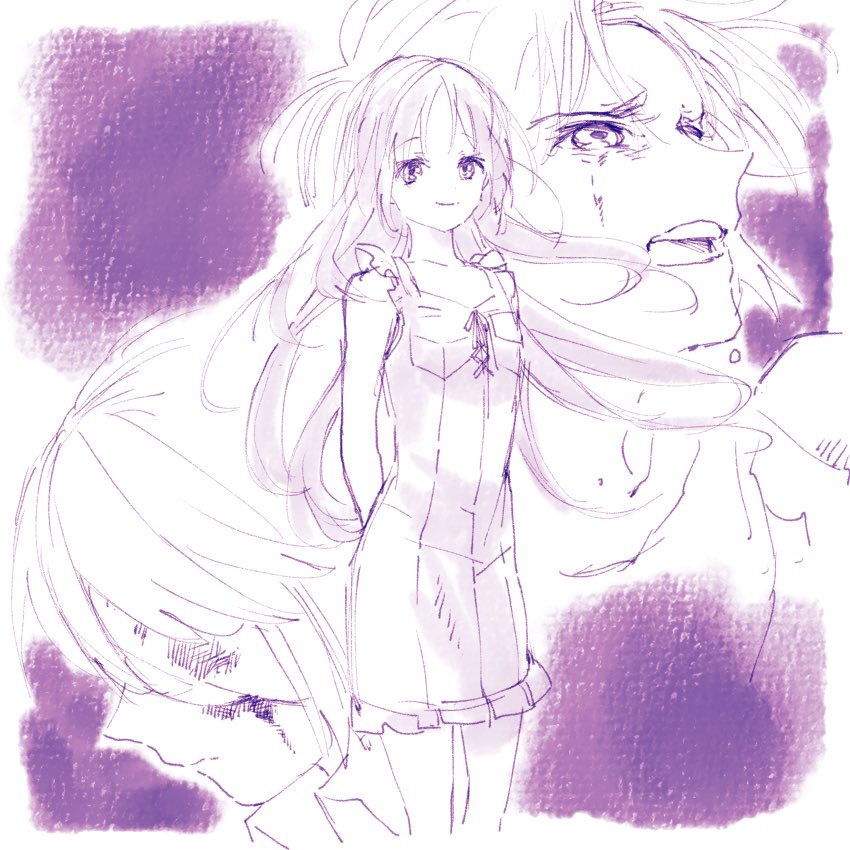 michi naka, makabe kazuki, minashiro soushi, minashiro tsubaki, soukyuu no fafner, 1girl, 2boys, blood, crying, dress, light smile, long hair, monochrome, multiple boys, open mouth, short hair, sleeveless, sleeveless dress