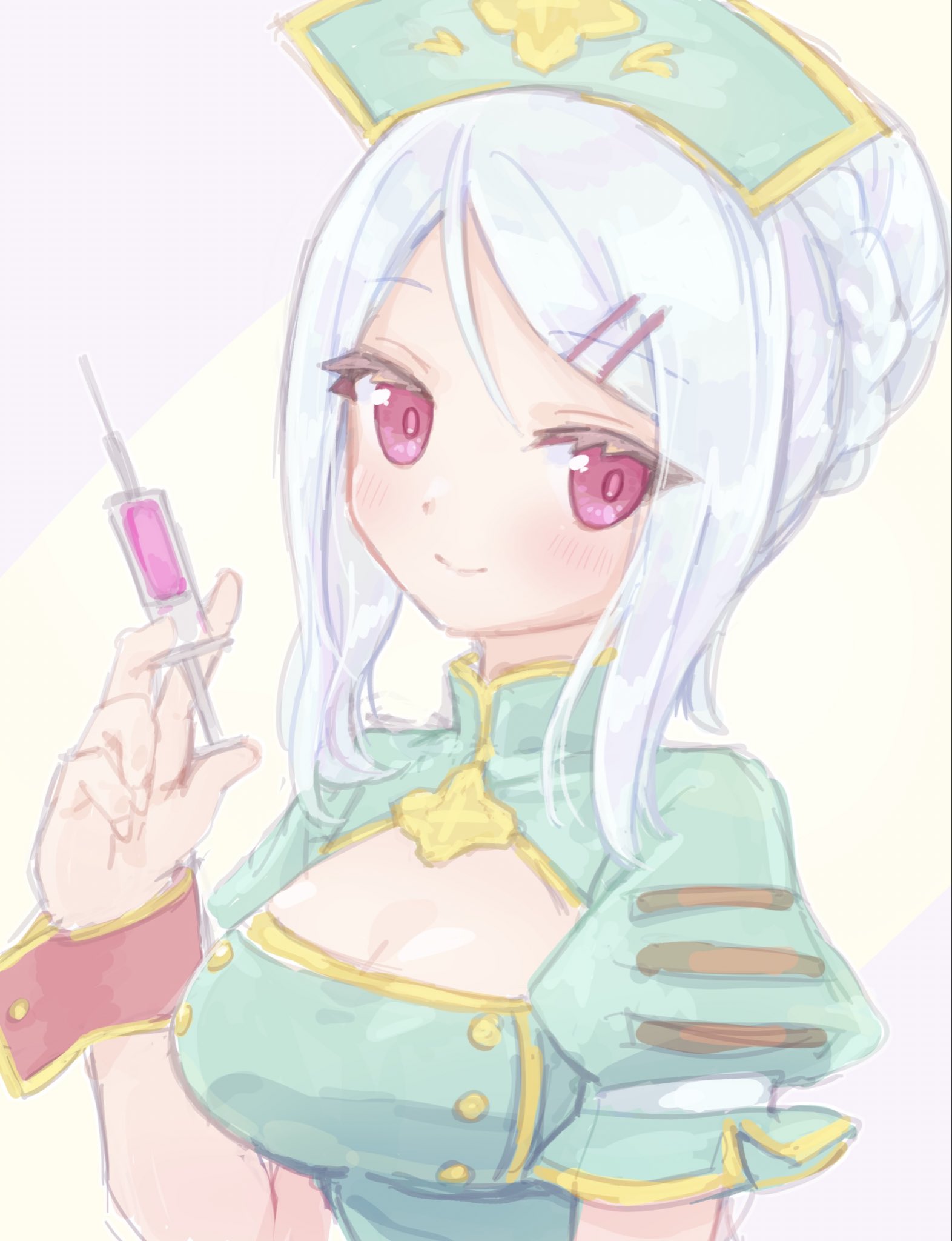 yusa yuyu, emil chronicle online, highres, 1girl, breasts, cleavage, cleavage cutout, clothing cutout, ghost alma, green hat, green shirt, hair bun, hair ornament, hairclip, hat, holding, holding syringe, large breasts, long sidelocks, looking at viewer, nurse cap, purple eyes, red wrist cuffs, shirt, sidelocks, solo, syringe, upper body, white hair, wrist cuffs