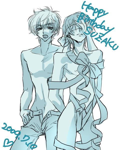 touya (artist), touya (roukaku), kururugi suzaku, lelouch vi britannia, code geass, 00s, 2boys, aqua theme, bdsm, bondage, bound, dated, male focus, monochrome, multiple boys, nude, pants undone, ribbon, simple background, sketch, topless male, unbuttoned, undressing, white background, yaoi