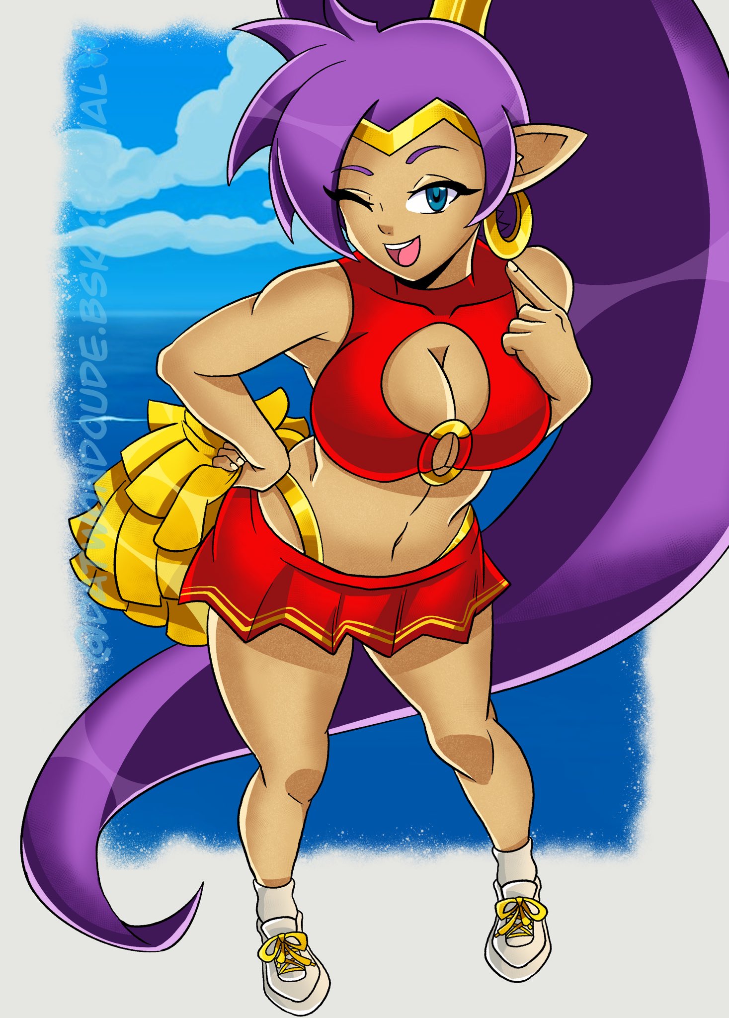 datwondoude, shantae, shantae (series), highres, 1girl, alternate costume, artist name, blue eyes, breasts, cheerleader, cleavage, cleavage cutout, clothing cutout, hand on own hip, large breasts, legs, long hair, looking at viewer, midriff, navel, one eye closed, open mouth, pointy ears, pom pom (cheerleading), ponytail, purple hair, skirt, smile, solo, teeth, thighs, thong, tongue, very long hair, whale, wink