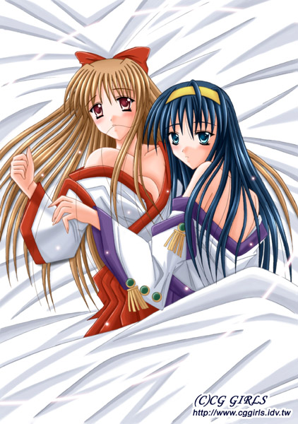 himemiya chikane, kurusugawa himeko, kannazuki no miko, 00s, 2girls, black hair, blonde hair, hairband, japanese clothes, long hair, miko, multiple girls, ribbon, yuri