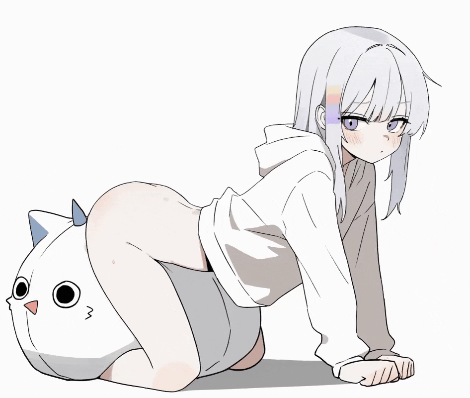 just 0012, ayatsuno yuni, stellive, animated, animated gif, 1girl, all fours, ass, ass shake, blush, bottomless, female focus, gradient hair, multicolored hair, purple eyes, shirt, solo, stuffed animal, stuffed toy, twerking, white hair