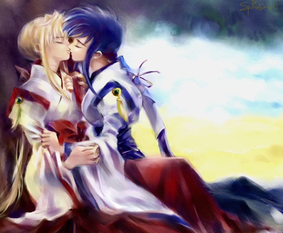 himemiya chikane, kurusugawa himeko, kannazuki no miko, artist request, 00s, 2girls, black hair, blonde hair, blue hair, couple, imminent kiss, japanese clothes, kiss, long hair, miko, multiple girls, ponytail, signature, yuri