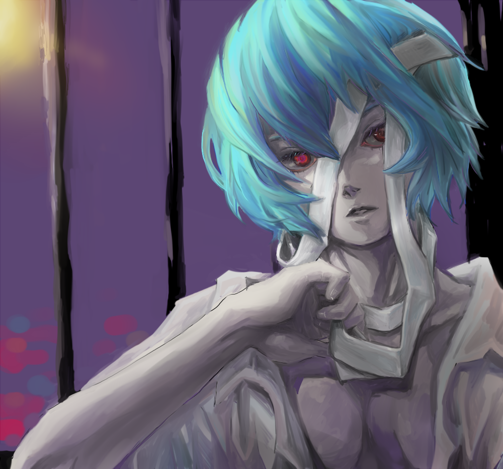 ayanami rei, neon genesis evangelion, 1girl, bandages, breasts, cleavage, female focus, large breasts, red eyes, solo