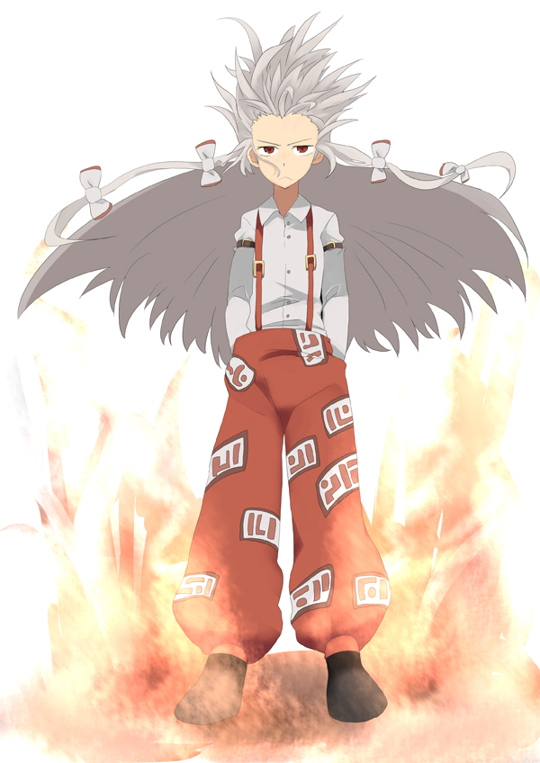 mieharu, fujiwara no mokou, touhou, silver hair, 1girl, bow, female focus, fire, floating hair, hair bow, hair ribbon, long hair, multiple hair bows, red eyes, ribbon, solo, suspenders