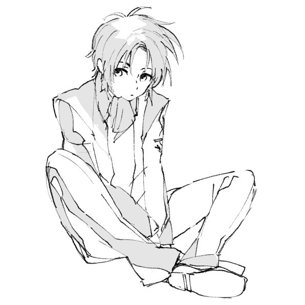 michi naka, makabe kazuki, soukyuu no fafner, 1boy, alvis uniform, ascot, expressionless, greyscale, indian style, jacket, looking at viewer, male focus, monochrome, pants, short hair, simple background, sitting, sketch, solo, white background