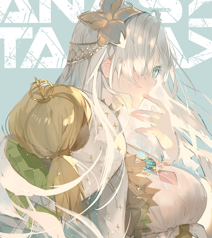 suzuhi (fullprayer), anastasia (fate), viy (fate), fate/grand order, fate (series), cropped, 1girl, blue eyes, breasts, character name, cleavage cutout, clothing cutout, diamond cutout, doll, finger in own mouth, from side, hair over one eye, hairband, hand up, jewelry, long hair, looking ahead, medium breasts, necklace, solo, upper body, white hair