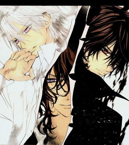 hino matsuri, clan rido, kiryuu zero, kuran kaname, kuran ridou, vampire knight, lowres, official art, 00s, 3boys, bishounen, blue eyes, brown hair, coat, dress shirt, earrings, from behind, grin, hair over one eye, jewelry, letterboxed, looking at viewer, looking back, male focus, multiple boys, purple eyes, red eyes, shirt, short hair, smile, trench coat, upper body, vampire, wavy hair, white hair