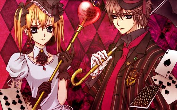 hino matsuri, shiki senri, tohya rima, touya rima, vampire knight, 00s, 1boy, 1girl, ace (playing card), ace of spades, blonde hair, blue eyes, brown hair, card, dress, formal clothes, gloves, goth fashion, gothic lolita, hat, heart, jewelry, lolita fashion, necktie, playing card, purple eyes, ribbon, short twintails, spade (shape), staff, suit, twintails, umbrella, vampire