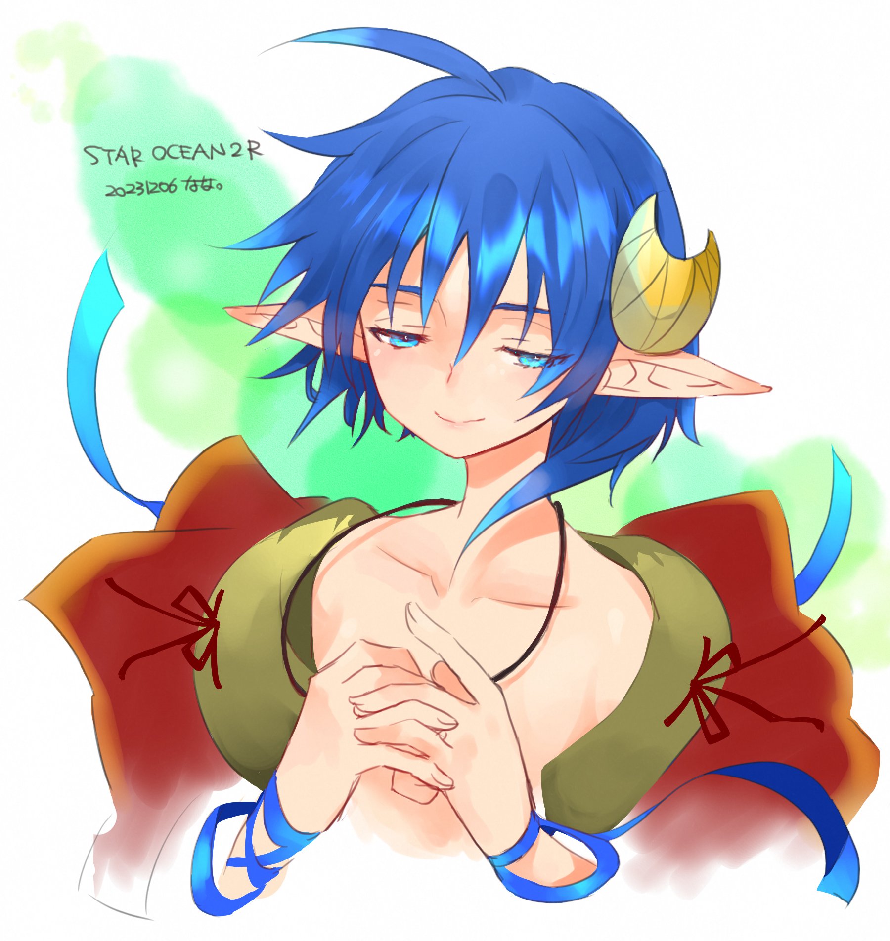 mayashtale, rena lanford, star ocean, star ocean: the second story, highres, 1girl, ahoge, blue eyes, blue hair, cape, closed mouth, collarbone, copyright name, crescent, crescent hair ornament, dated, hair ornament, pointy ears, red cape, short hair, smile, solo