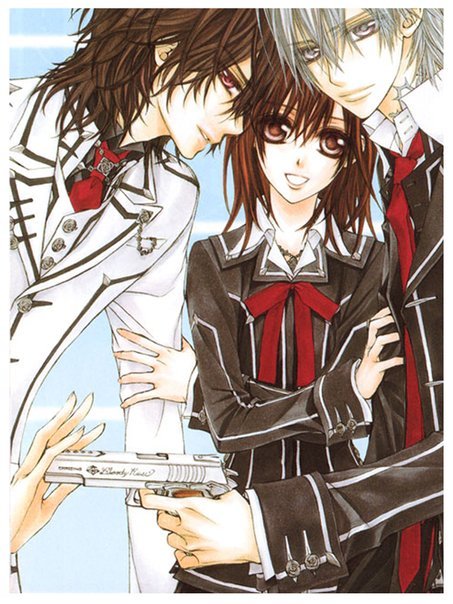 hino matsuri, cross yuki, kiryuu zero, kuran kaname, kurosu yuuki, vampire knight, arm grab, silver hair, striped, official art, 00s, 2boys, bishounen, blazer, bow, bowtie, brown hair, buttons, chain, cloud, couple, goth fashion, grey eyes, grin, gun, handgun, head tilt, holding, jewelry, leaning forward, looking at viewer, looking back, multiple boys, necklace, necktie, outdoors, pendant, purple eyes, red eyes, school uniform, short hair, sky, smile, standing, tattoo, trigger discipline, upper body, vampire, weapon