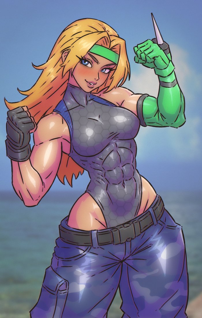 csaurageul, commentary, english commentary, 1girl, abs, asymmetrical gloves, bare hips, bare shoulders, belt, black gloves, blonde hair, blue eyes, blue pants, blurry, blurry background, breasts, cargo pants, contrapposto, covered navel, cowboy shot, ctesiphon, curtained hair, depth of field, double biceps pose, elbow gloves, ethelyn dax, fingerless gloves, flexing, gloves, green gloves, green headband, grey leotard, hair intakes, headband, leotard, leotard under clothes, long eyelashes, long hair, looking at viewer, lowleg, lowleg pants, medium breasts, mismatched gloves, muscular, muscular female, ocean, outdoors, pants, parted bangs, parted lips, single bare arm, single elbow glove, single fingerless glove, solo, spiked gloves, spikes, standing, utility belt, v-shaped eyebrows, weapon